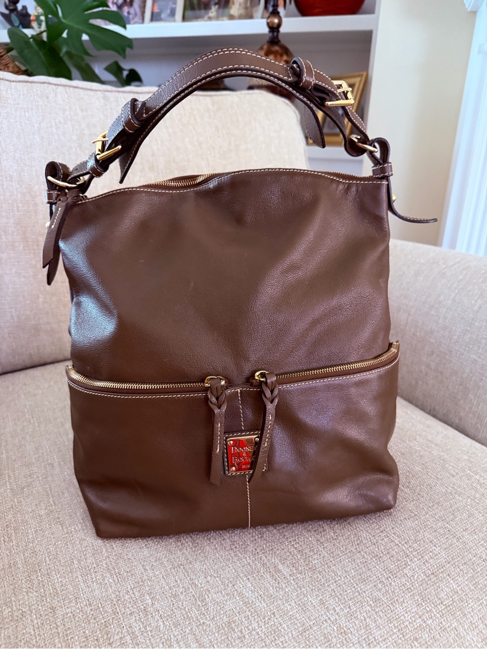 Dooney & Bourke Chocolate Brown Leather Satchel with Gold Hardware